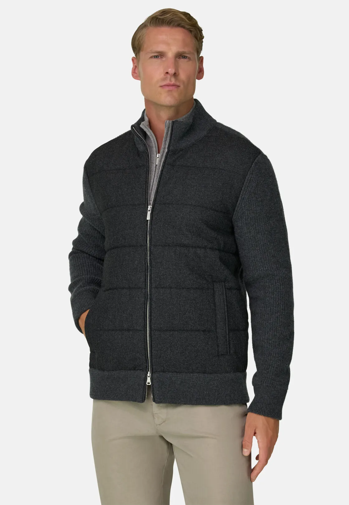 Boggi, Maglia Full Zip Imbottita In Misto Cashmere, Uomo, Carbone, Taglia: M