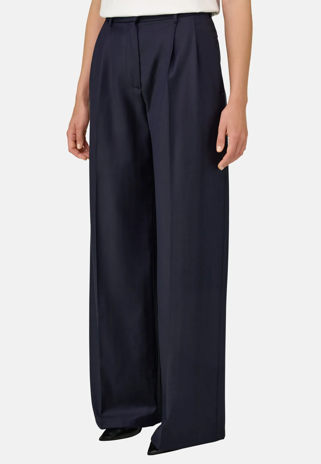 Boggi, Pantalone Di Lana Gessato Doppia Pince, Donna, Navy, Taglia: XS