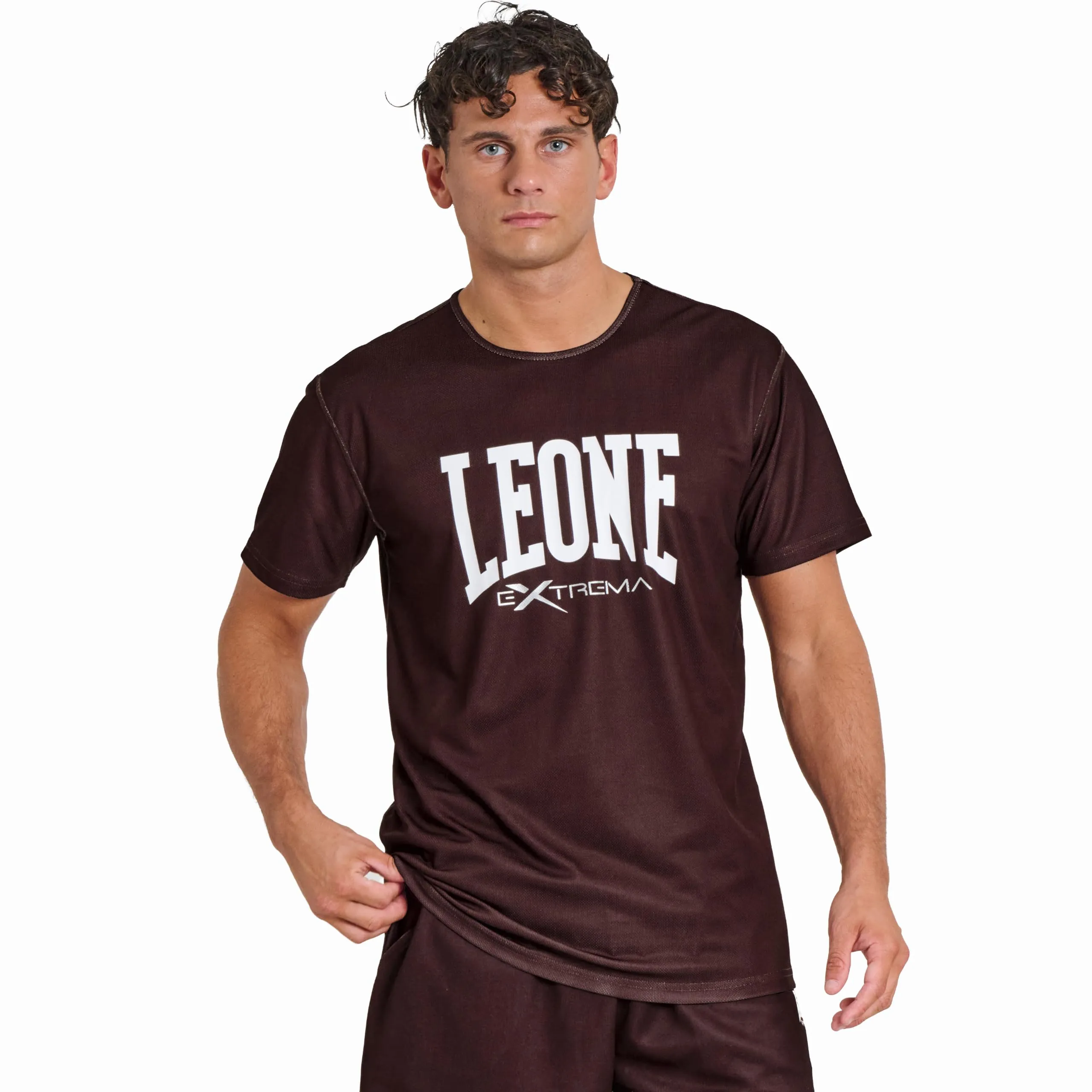 LEONE 1947 ABX106 T-Shirt Uomo Logo, Maglia Palestra Fitness Training Bodybuilding, 100% Poliestere Polymesh, Cacao, Taglia S
