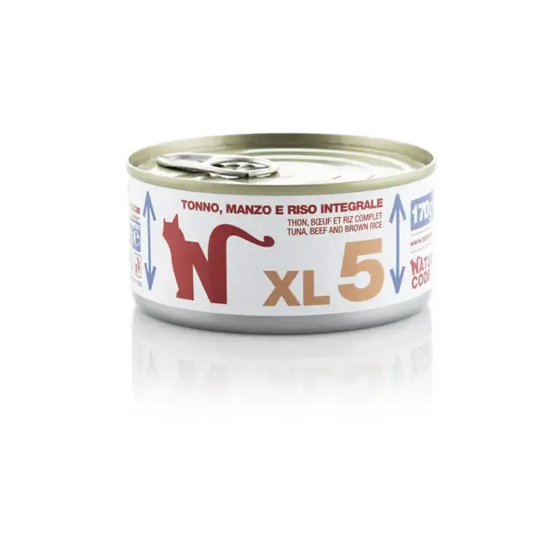 Natural Code XL 170 gr 05 - Tonno, Manzo e Riso Integrale - confezione da 24 pezzi - Cibo umido per gatti