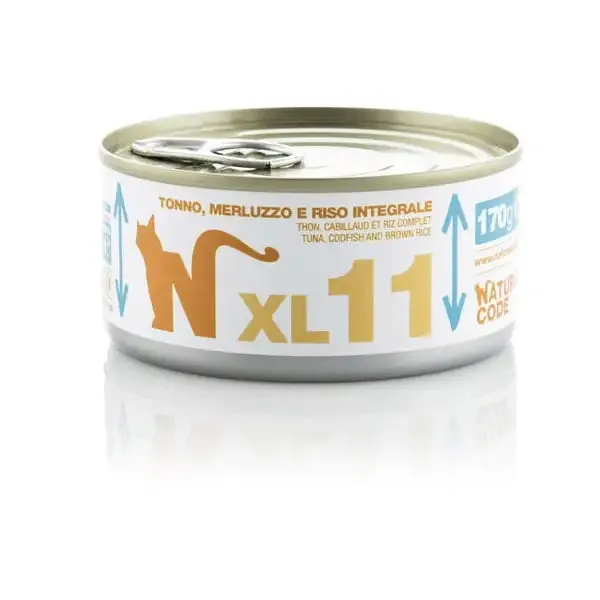 Natural Code XL 170 gr 11 - Tonno, Merluzzo e Riso Integrale - confezione da 24 pezzi - Cibo umido per gatti