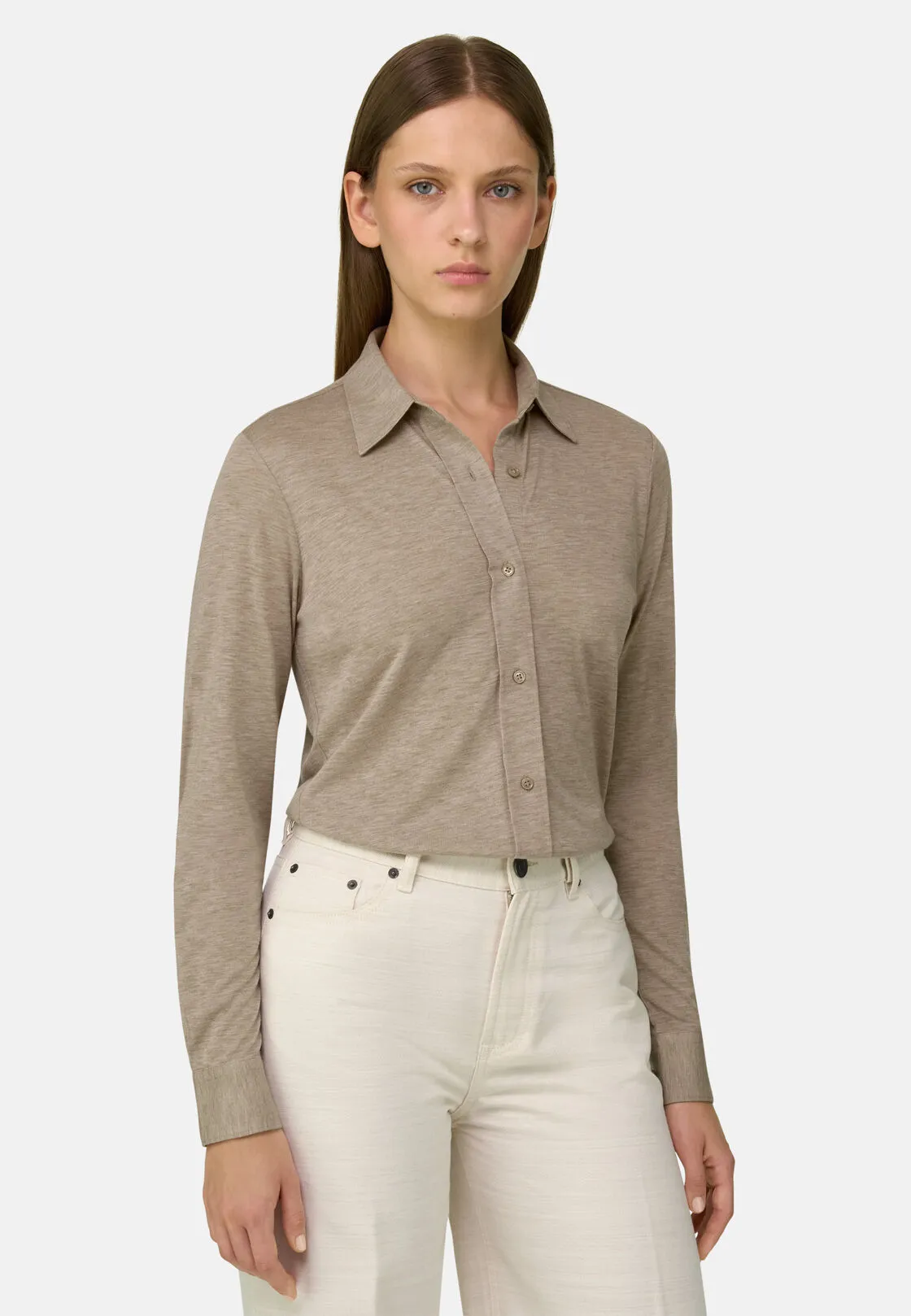 Boggi, Polo Camicia In Jersey, Donna, Taupe, Taglia: XS