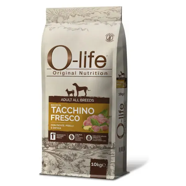 O-life Dog Adult All Breeds Grain Free Tacchino e patate 10 kg - Croccantini per cani