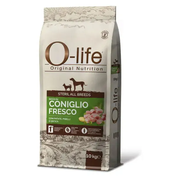 O-life Dog Sterilised All Breeds Grain Free Coniglio e patate 10 kg - Croccantini per cani