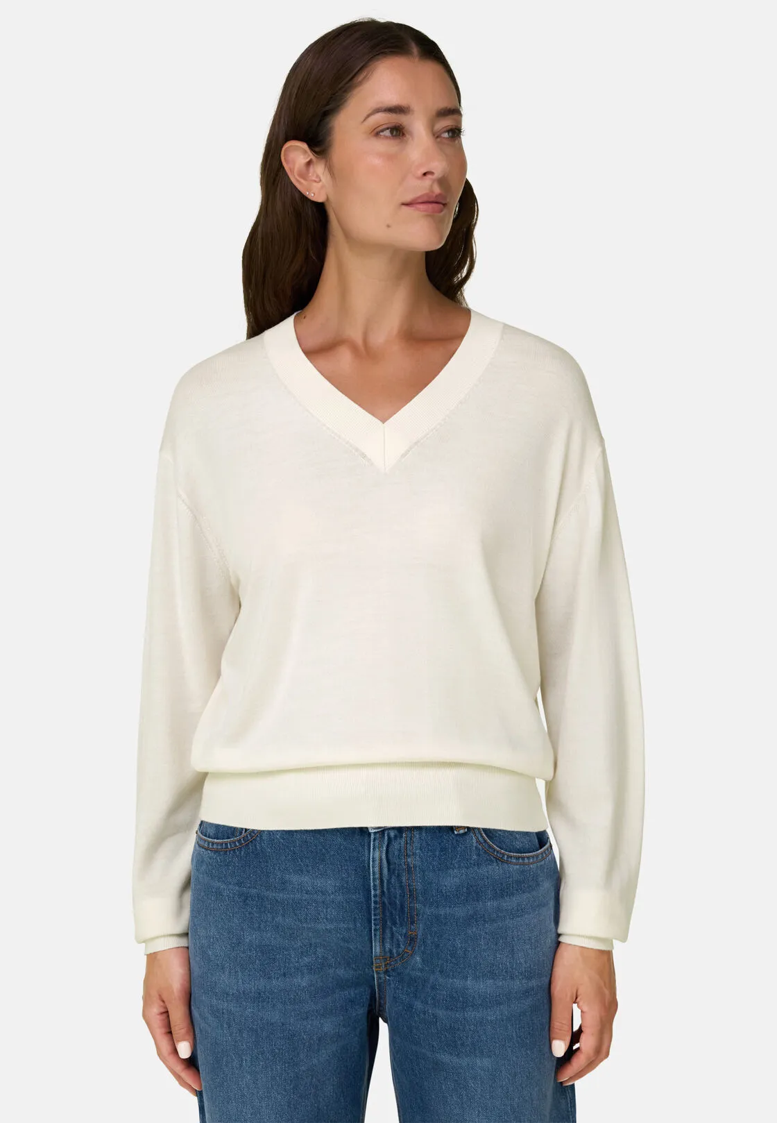 Boggi, Maglia Scollo V In Lana Merino Seta, Donna, Offwhite, Taglia: L