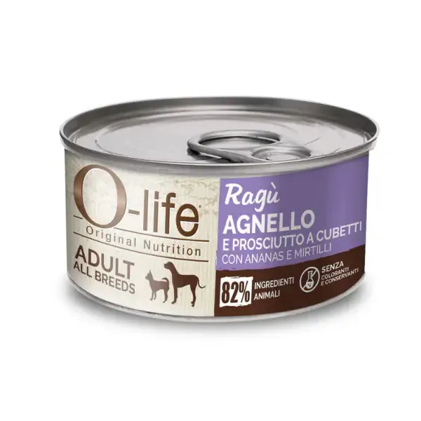 O-life Dog Adult Ragù 150 gr Agnello e Prosciutto a cubetti con ananas e mirtilli - confezione da 6 pezzi - Cibo umido per cani