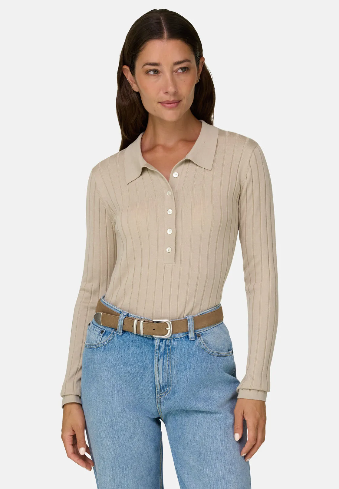 Boggi, Polo Di Maglia A Coste In Lana Merino Seta, Donna, Sabbia, Taglia: M