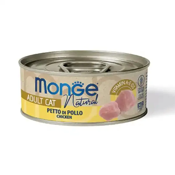 Monge Natural Adult cottura al vapore Ricette Delicate 80 gr Petto di pollo - confezione da 24 pezzi - Cibo umido per gatti