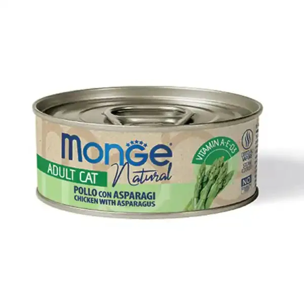 Monge Natural Adult cottura al vapore Ricette Delicate 80 gr Pollo con asparagi - confezione da 24 pezzi - Cibo umido per gatti