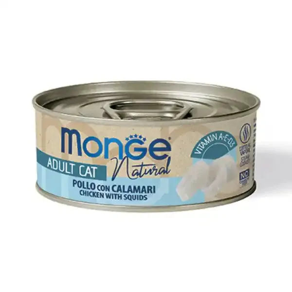 Monge Natural Adult cottura al vapore Ricette Delicate 80 gr Pollo con calamari - confezione da 24 pezzi - Cibo umido per gatti