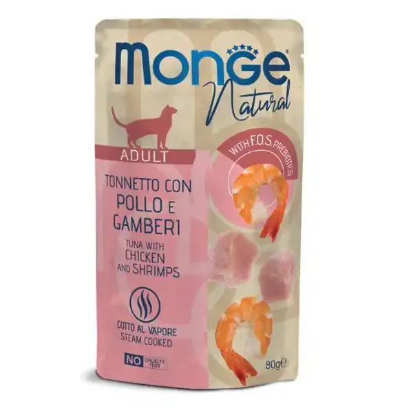 Monge Natural Adult cottura al vapore gustosi Pezzetti 80 gr Tonnetto con pollo e gamberi - confezione da 24 pezzi - Cibo umido per gatti