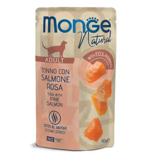 Monge Natural Adult cottura al vapore gustosi Pezzetti 80 gr Tonno con salmone rosa - confezione da 24 pezzi - Cibo umido per gatti