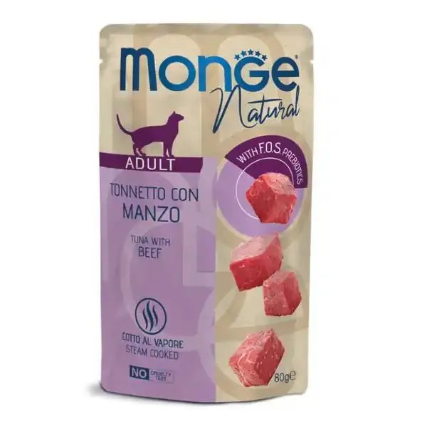 Monge Natural Adult cottura al vapore gustosi Pezzetti 80 gr Tonnetto con manzo - confezione da 24 pezzi - Cibo umido per gatti
