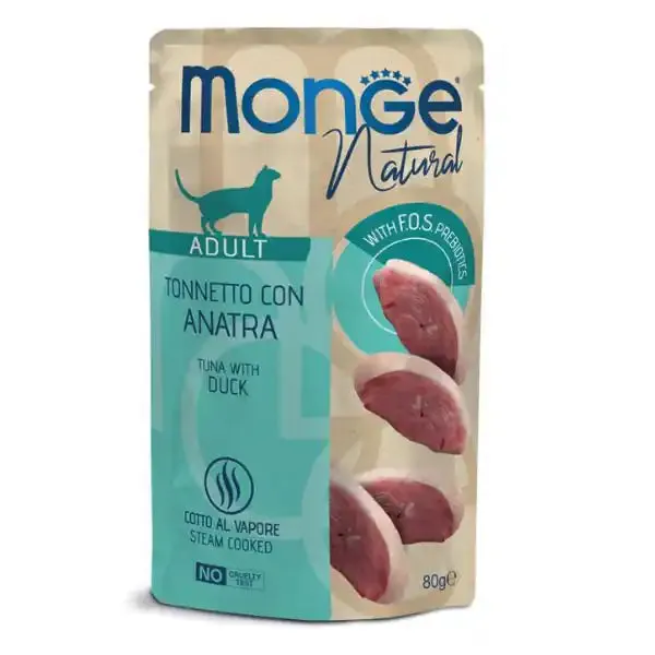 Monge Natural Adult cottura al vapore gustosi Pezzetti 80 gr Tonnetto con anatra - confezione da 24 pezzi - Cibo umido per gatti