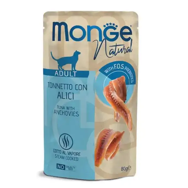 Monge Natural Adult cottura al vapore gustosi Pezzetti 80 gr Tonnetto con alici - confezione da 24 pezzi - Cibo umido per gatti
