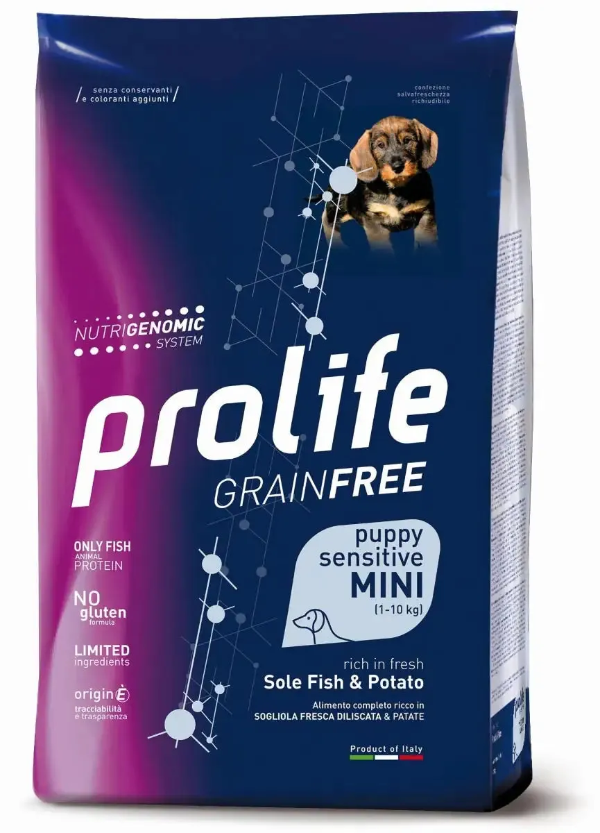 Prolife Grain Free Cane Puppy Sensitive Mini Sogliola e Patate 7 kg - Crocchette monoproteiche cane