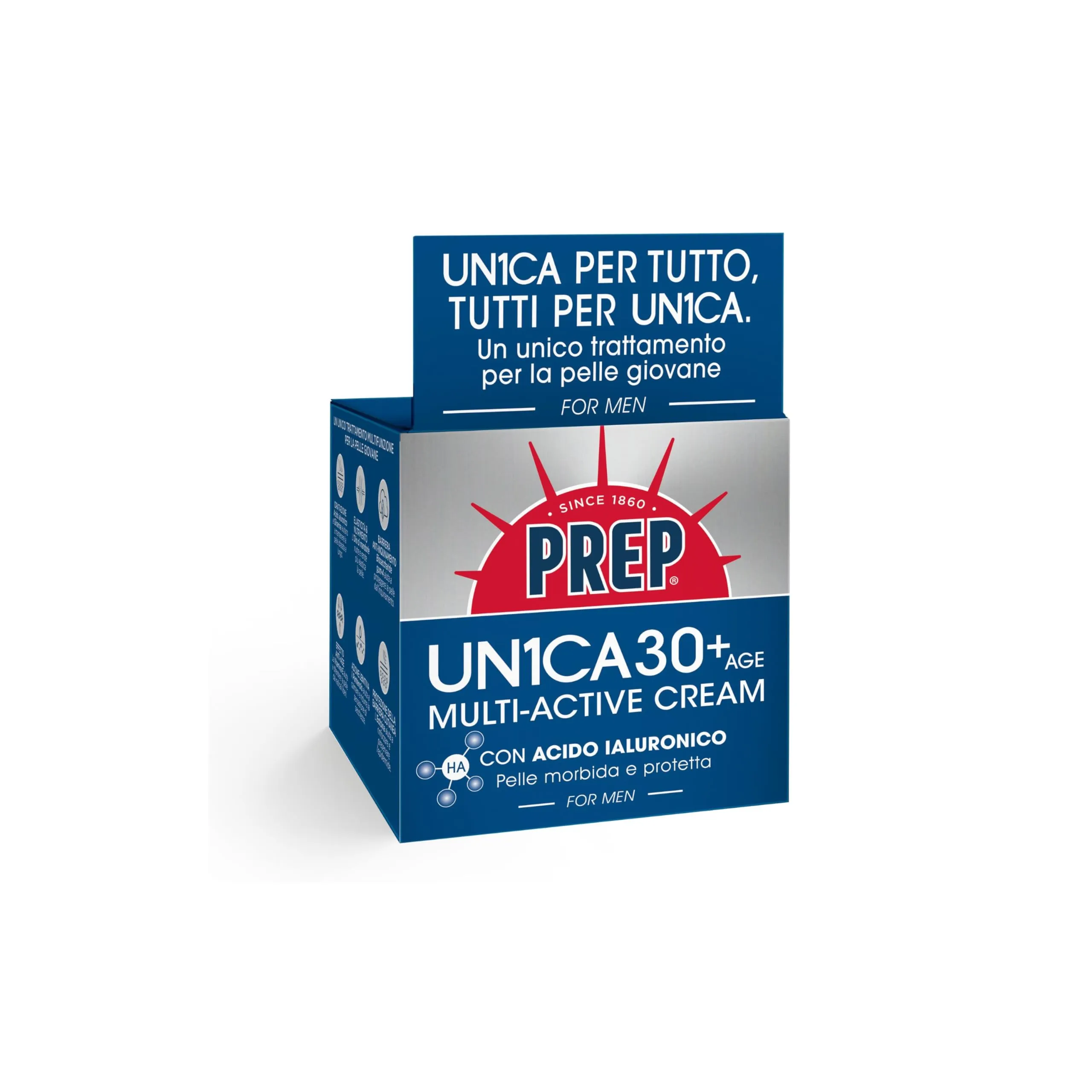 Prep, UN1CA FOR MEN AGE 30+ Multi-Active Cream, Crema Multiuso Uomo, Con Acido Ialuronico, Pelle Morbida, Protetta, 75ml