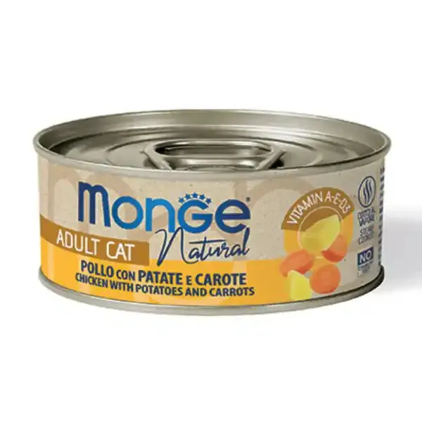 Monge Natural Adult cottura al vapore Ricette Delicate 80 gr Pollo con patate e carote - confezione da 24 pezzi - Cibo umido per gatti