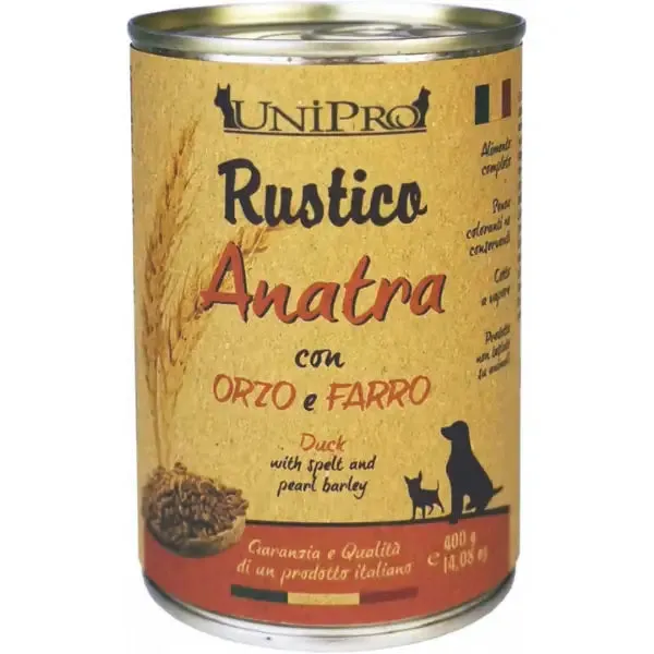 Unipro Rustico Dog Adult 400 gr Anatra con orzo e farro - confezione da 6 pezzi - Cibo umido per cani