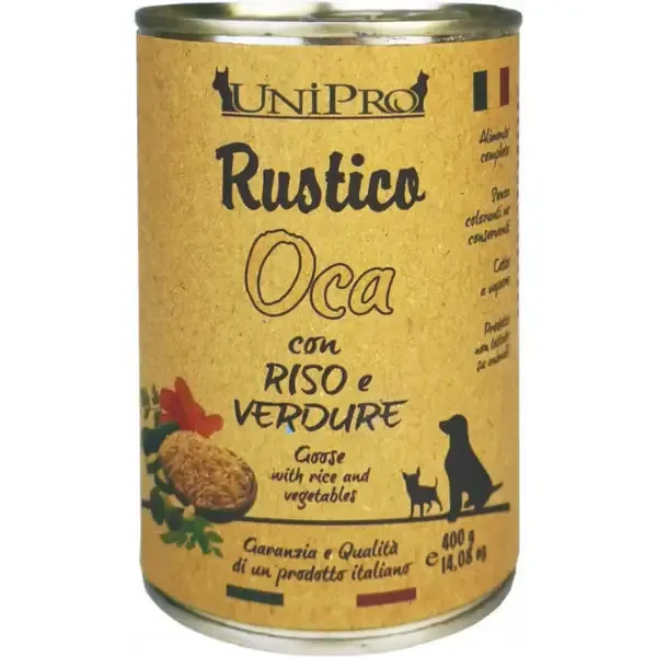Unipro Rustico Dog Adult 400 gr Oca con riso e verdure - confezione da 6 pezzi - Cibo umido per cani