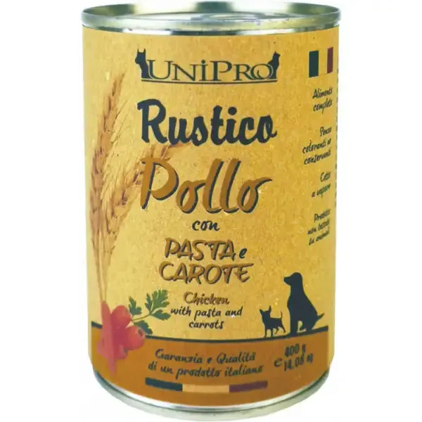 Unipro Rustico Dog Adult 400 gr Pollo con pasta e carote - confezione da 6 pezzi - Cibo umido per cani
