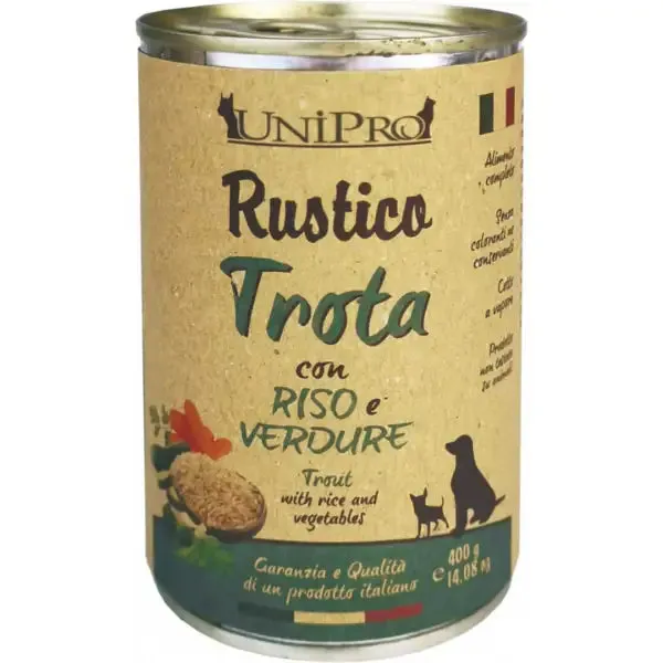 Unipro Rustico Dog Adult 400 gr Trota con riso e verdure - confezione da 6 pezzi - Cibo umido per cani