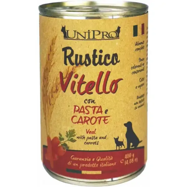 Unipro Rustico Dog Adult 400 gr Vitello con pasta e carote - confezione da 6 pezzi - Cibo umido per cani