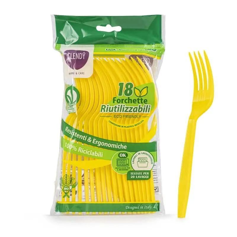 Forchette Riutilizzabili Gialle Clendy - Set da 18 Pezzi