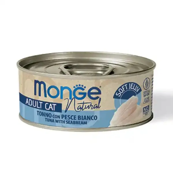 Monge Natural Adult cottura al vapore in Jelly 80 gr Tonno con pesce bianco - confezione da 24 pezzi - Cibo umido per gatti