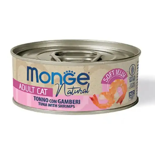 Monge Natural Adult cottura al vapore in Jelly 80 gr Tonno con gamberi - confezione da 24 pezzi - Cibo umido per gatti
