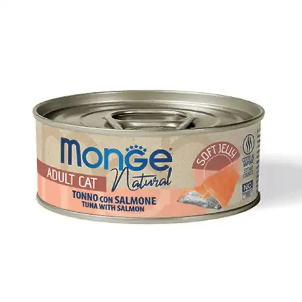 Monge Natural Adult cottura al vapore in Jelly 80 gr Tonno con salmone - confezione da 24 pezzi - Cibo umido per gatti