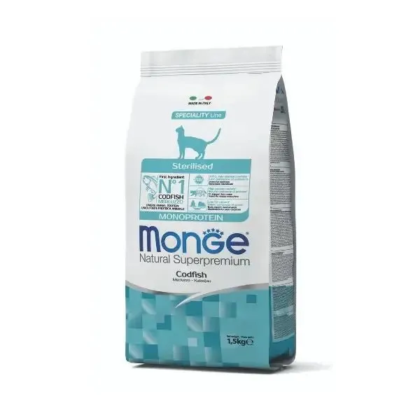 Monge Natural Superpremium Sterilised Monoprotein con Merluzzo 1,5 kg - Cibo monoproteico gatto