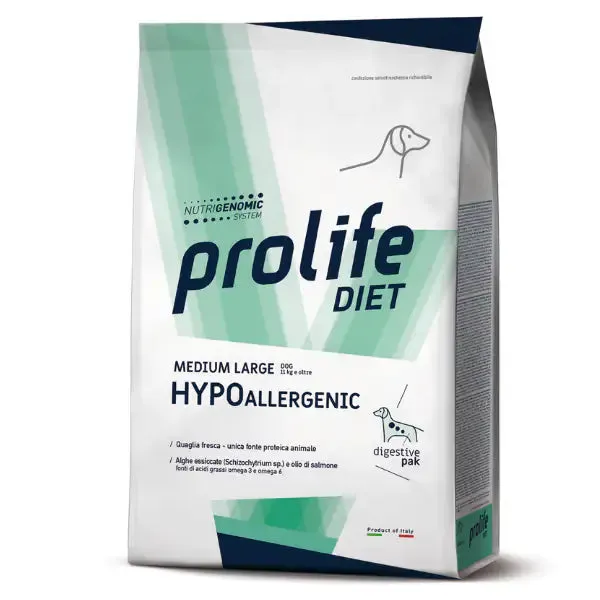 Prolife Diet Veterinary Formula Hypoallergenic Medium/Large Quaglia 8 kg (scadenza: 30/03/2027) - Dieta veterinaria per cani
