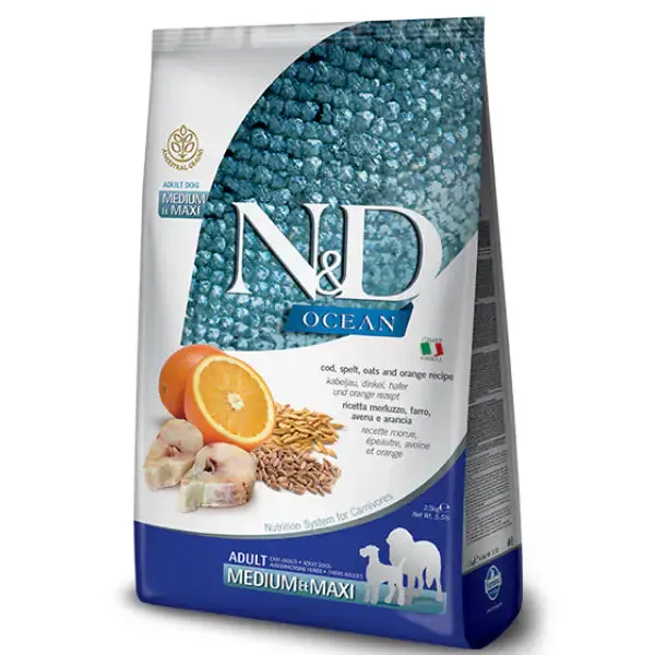 Farmina N&D Ocean Canine Adult Medium/Maxi Merluzzo Farro e Arancia 12 kg - Croccantini per cani