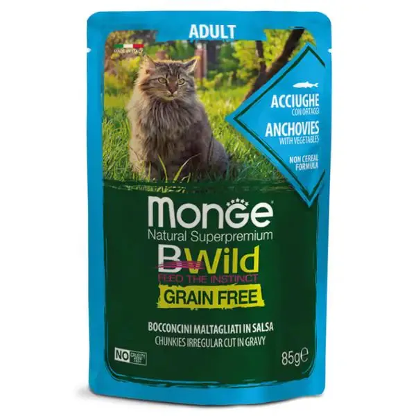 Monge BWild Grain Free Adult Cat 85 gr Acciughe e ortaggi - confezione da 14 pezzi - Cibo umido per gatti
