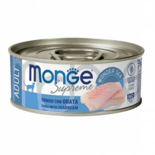 Monge Supreme Adult in salsa lattina da 80 gr Tonno con orata - confezione da 24 pezzi - Cibo umido per gatti
