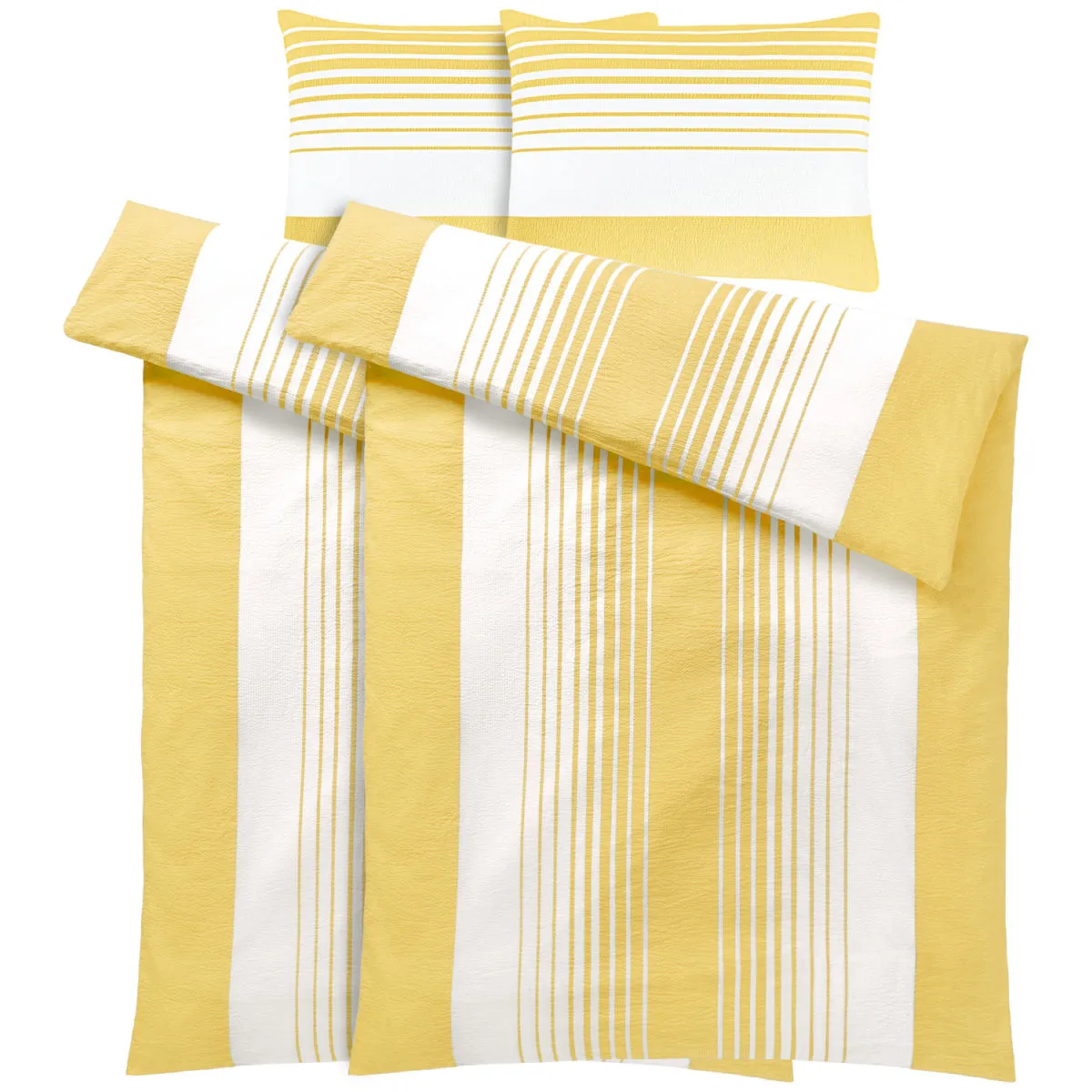 2x PULSIVA Set copripiumino e federa Memphis Seersucker; 135x200 cm (LxL), 80x80 cm (LxL); giallo/bianco; 2 set / Pacco
