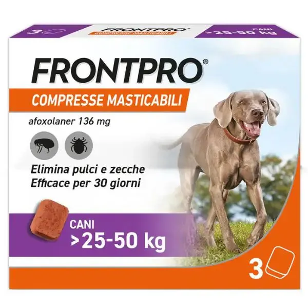 FRONTPRO compresse antiparassitarie masticabili per cani 3 compresse peso 25-50 kg - Antiparassitario per cani