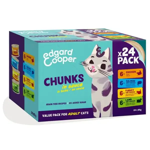 Edgard & Cooper Cat Adult Bocconcini in salsa Grain Free Multipack 24x85 gr 6x Pollo 6x Agnello 6x Salmone 6x Tacchino