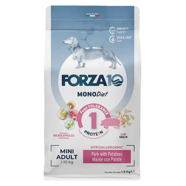 Forza10 MonoDiet Mini Adult Low Grain Hypoallergenic Maiale con patate 1,5 kg - Crocchette monoproteiche cane