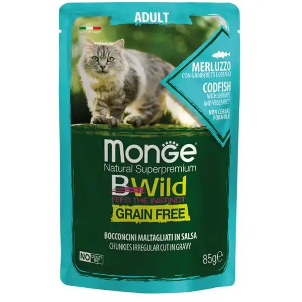 Monge BWild Grain Free Adult Cat 85 gr Merluzzo con gamberetti e ortaggi - confezione da 14 pezzi - Cibo umido per gatti