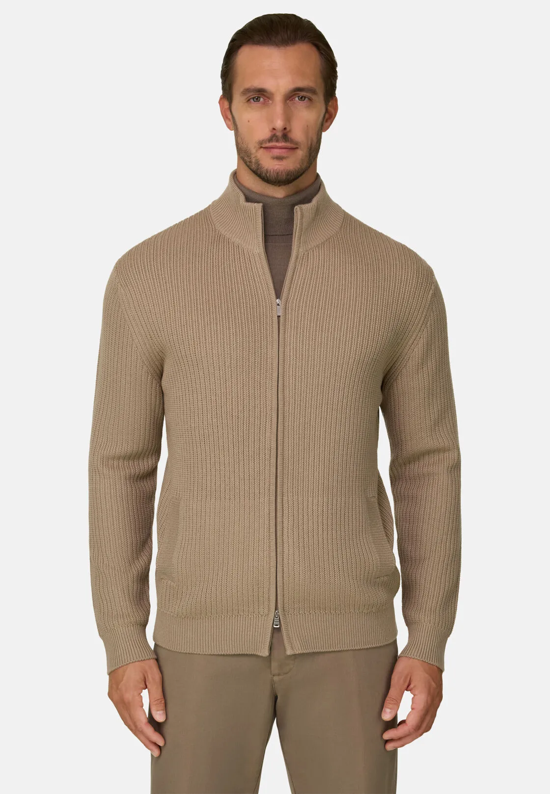 Boggi, Maglia Full Zip In Lana Merino, Uomo, Beige, Taglia: XL