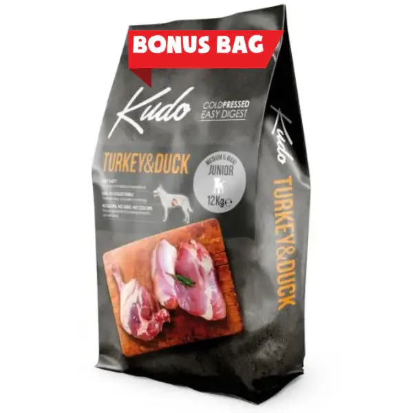 Kudo Low Grain Junior Medium/Maxi Tacchino e Anatra 12+2 kg - Croccantini per cani