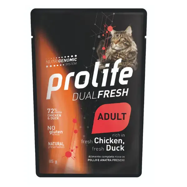 Prolife Dual Fresh Gatto Adult Bustine 85 gr Anatra e Pollo - confezione da 12 pezzi - Cibo umido per gatti