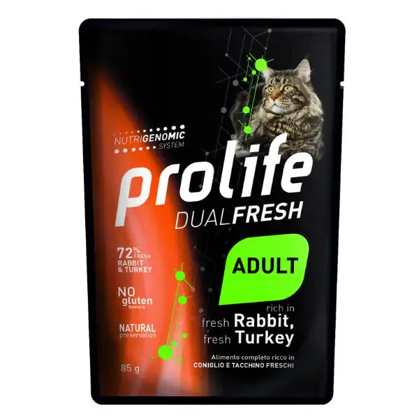 Prolife Dual Fresh Gatto Adult Bustine 85 gr Coniglio e tacchino - confezione da 12 pezzi - Cibo umido per gatti