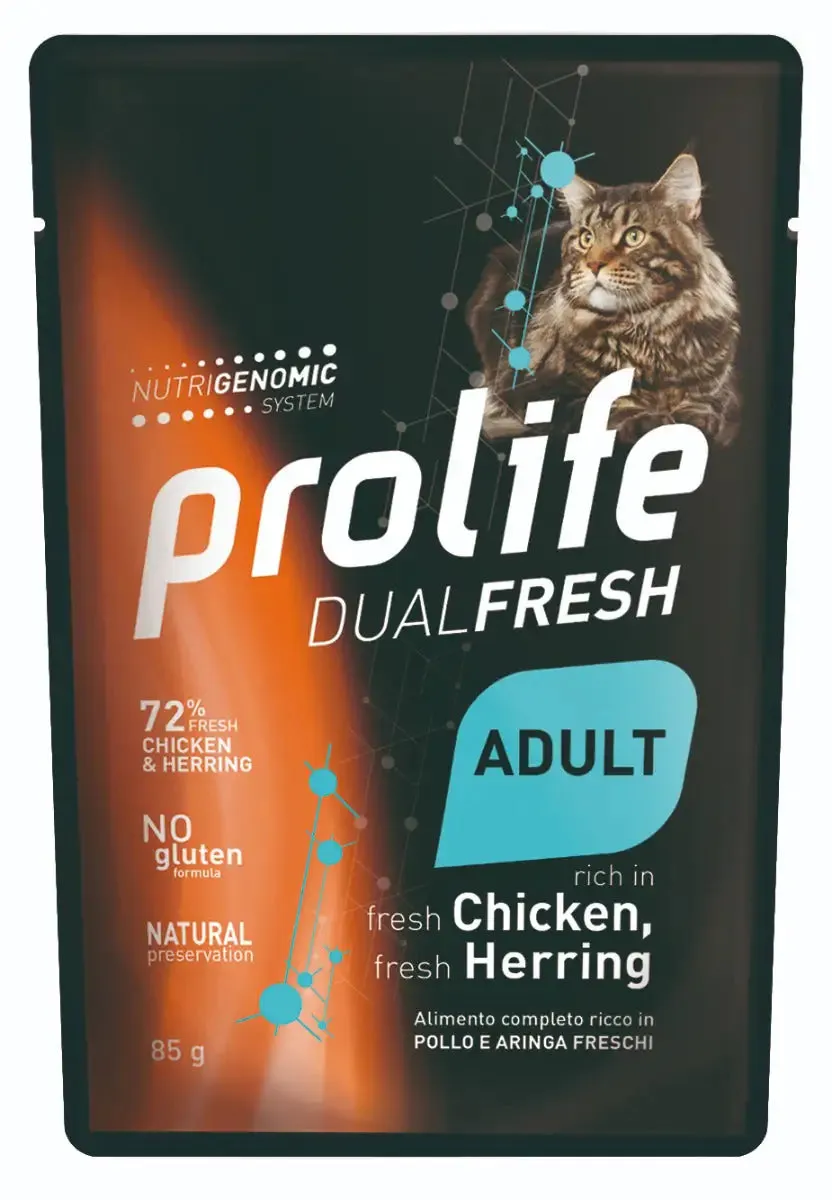Prolife Dual Fresh Gatto Adult Bustine 85 gr Pollo e aringa - confezione da 12 pezzi - Cibo umido per gatti