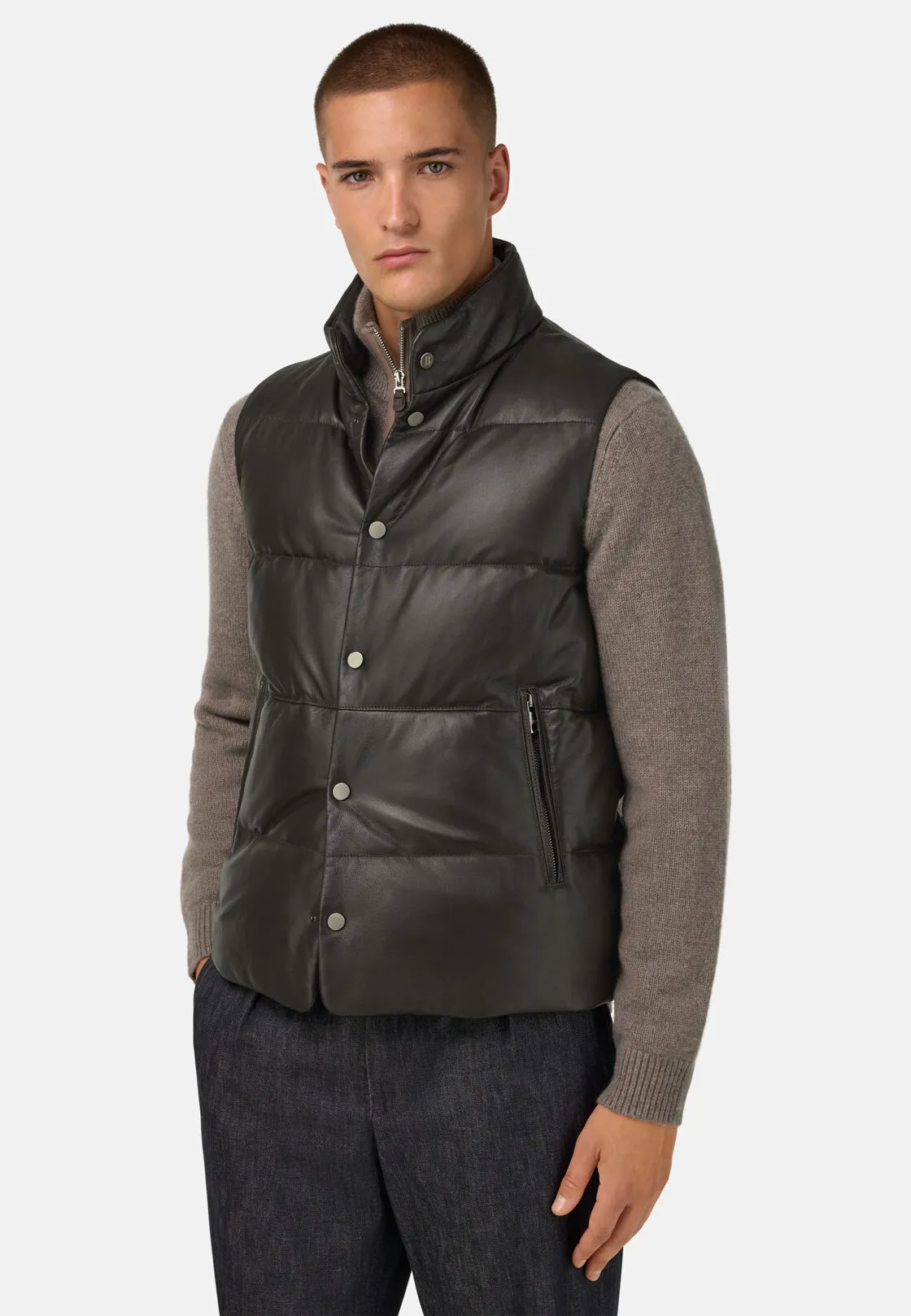 Boggi, Gilet In Vera Pelle Imbottito In Piuma, Uomo, Marrone scuro, Taglia: M