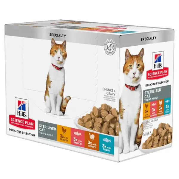 Hill's science Plan Cat Young Adult Sterilised multipack 12x85 gr 3x Pollo 3x Salmone 3x Tonno 3x Tacchino
