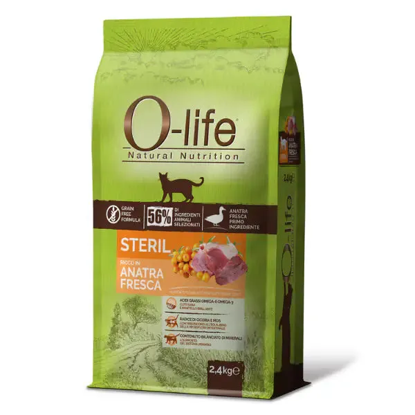 O-life Cat Adult Sterilised Grain Free Anatra fresca 2,4 kg - Croccantini per gatti