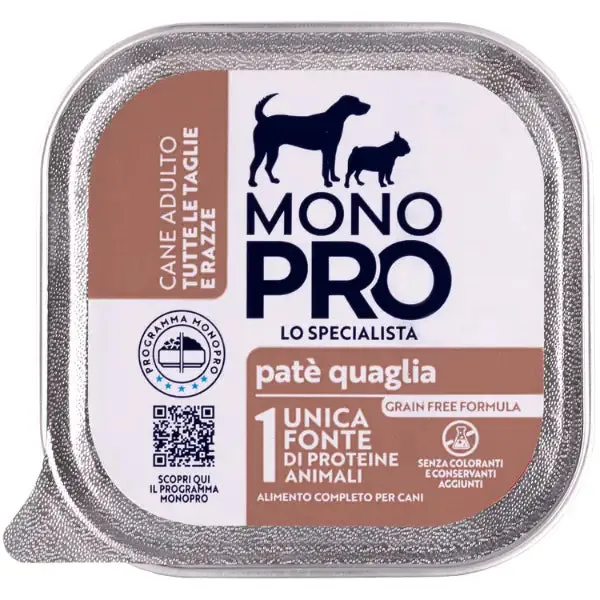 Monopro lo specialista Adult All Breeds Patè Grain Free 150 gr Quaglia - confezione da 6 pezzi - Umido monoproteico cane